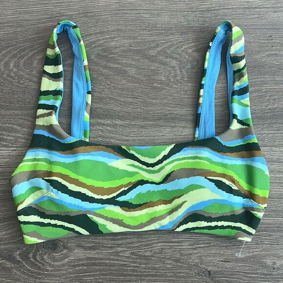 AERIE Scoop Bikini Top XS Wavy Stripe Blue Green Retro Colorful 70s Beach Summer - Picture 1 of 6